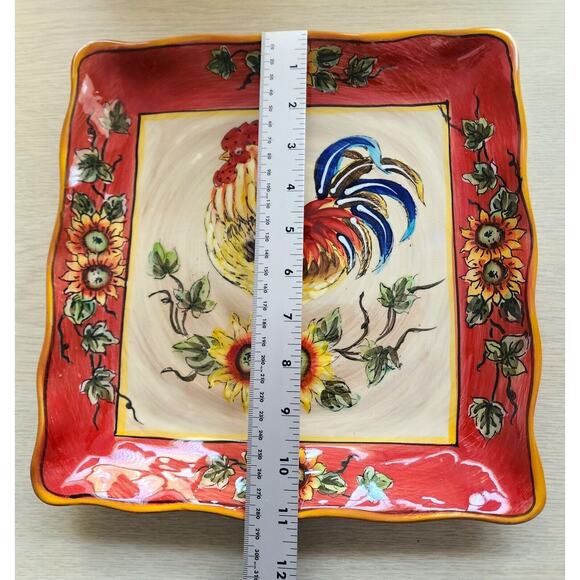 PLATTER/SERVING DISH-GALLO-Ceramic-Rooster-Sunflowers-Ruffled Edge-Decor-11"x11" - Picture 12 of 13